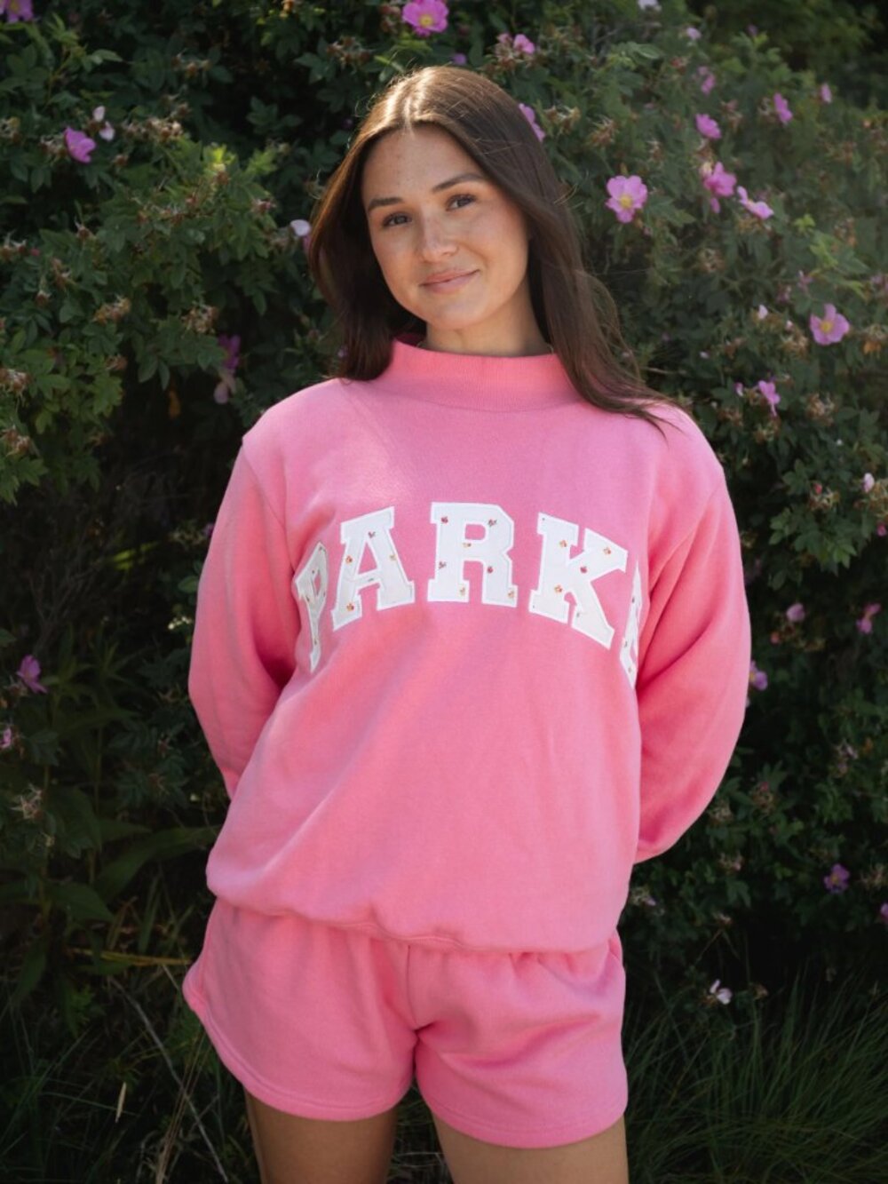 PARKE x Maggie & Emma Varsity Mockneck Bloom + Sunset Floral colorway. Size L/XL